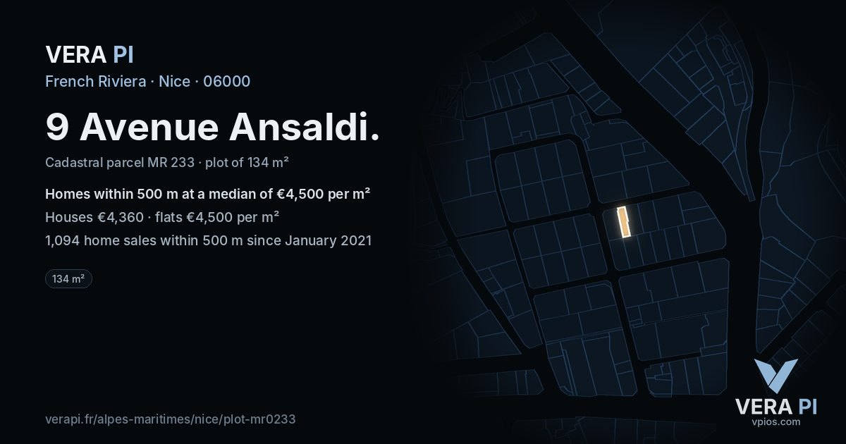 9 Avenue Ansaldi, Nice at night – the plot lit, the parcels around coloured by the prices near them