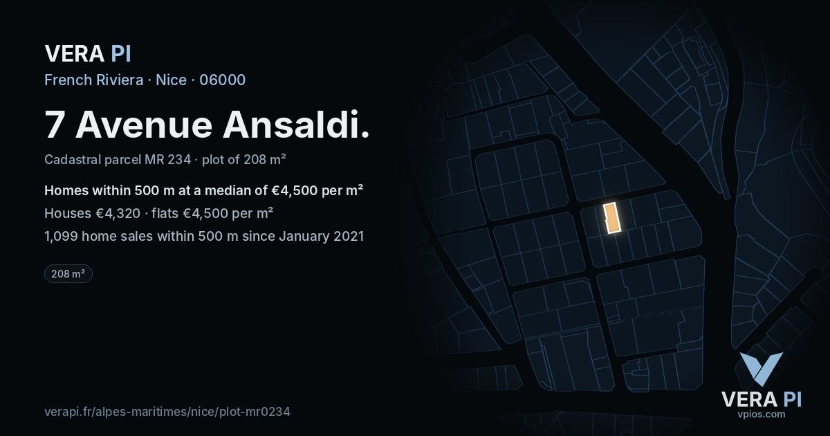 7 Avenue Ansaldi, Nice at night – the plot lit, the parcels around coloured by the prices near them