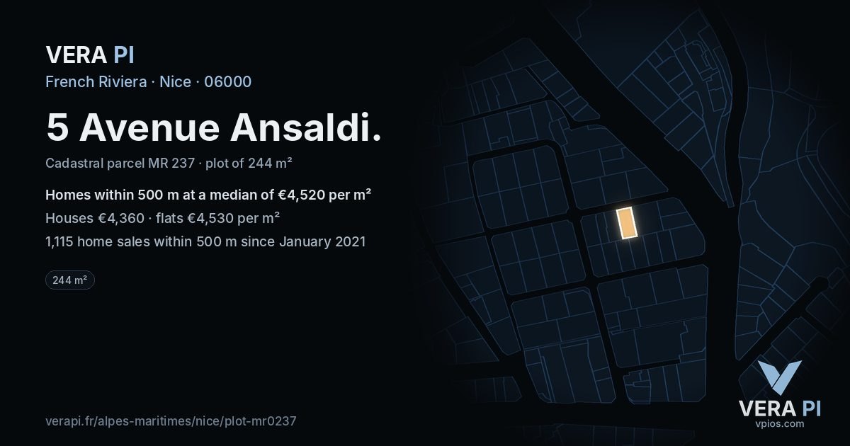 5 Avenue Ansaldi, Nice at night – the plot lit, the parcels around coloured by the prices near them
