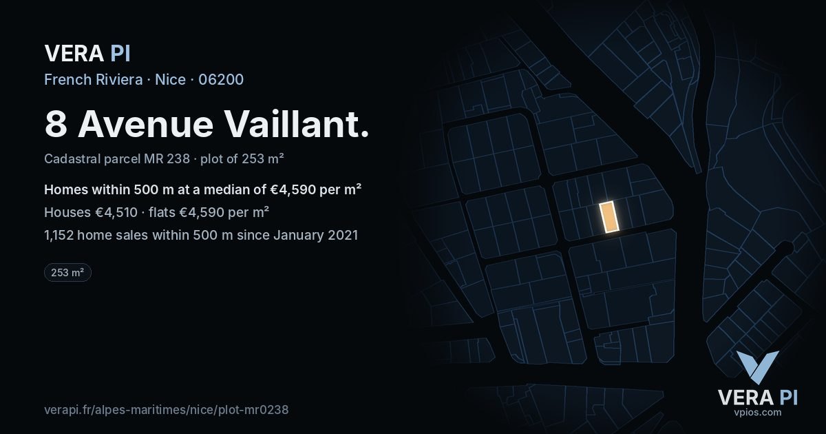 8 Avenue Vaillant, Nice at night – the plot lit, the parcels around coloured by the prices near them