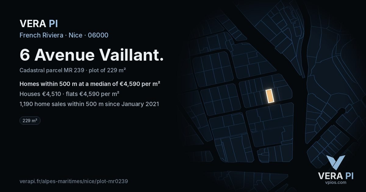 6 Avenue Vaillant, Nice at night – the plot lit, the parcels around coloured by the prices near them