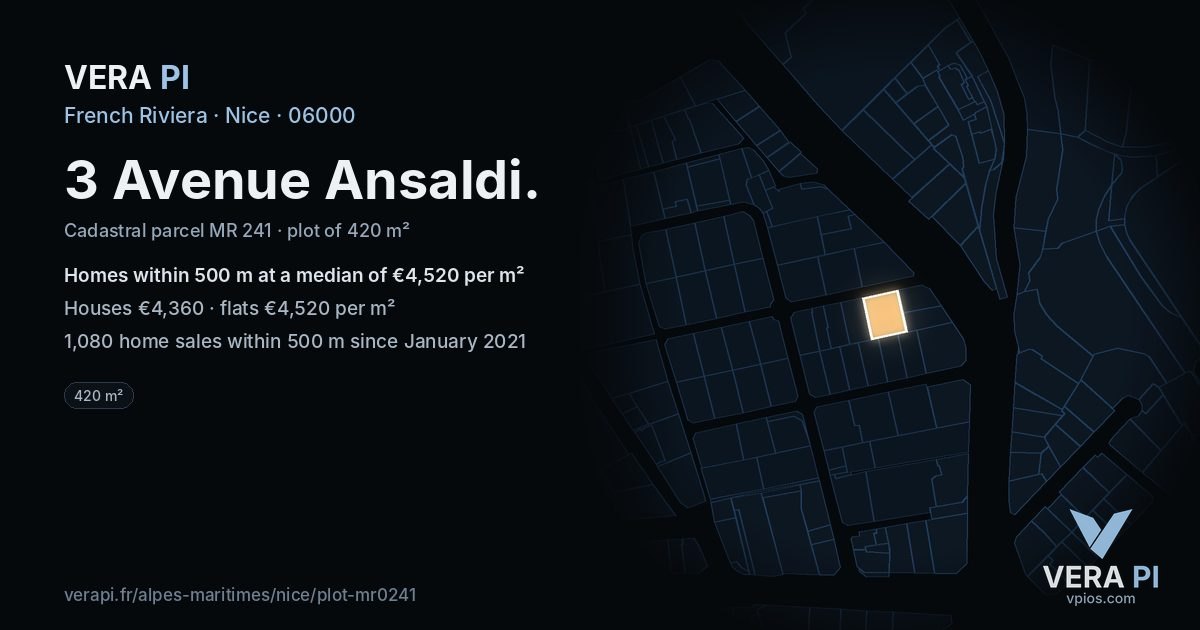 3 Avenue Ansaldi, Nice at night – the plot lit, the parcels around coloured by the prices near them