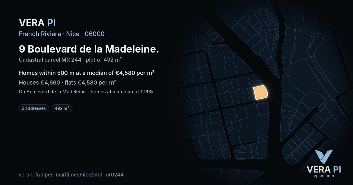 9 Boulevard de la Madeleine, Nice at night – the plot lit, the parcels around coloured by the prices near them