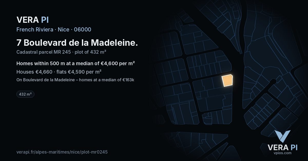 7 Boulevard de la Madeleine, Nice at night – the plot lit, the parcels around coloured by the prices near them