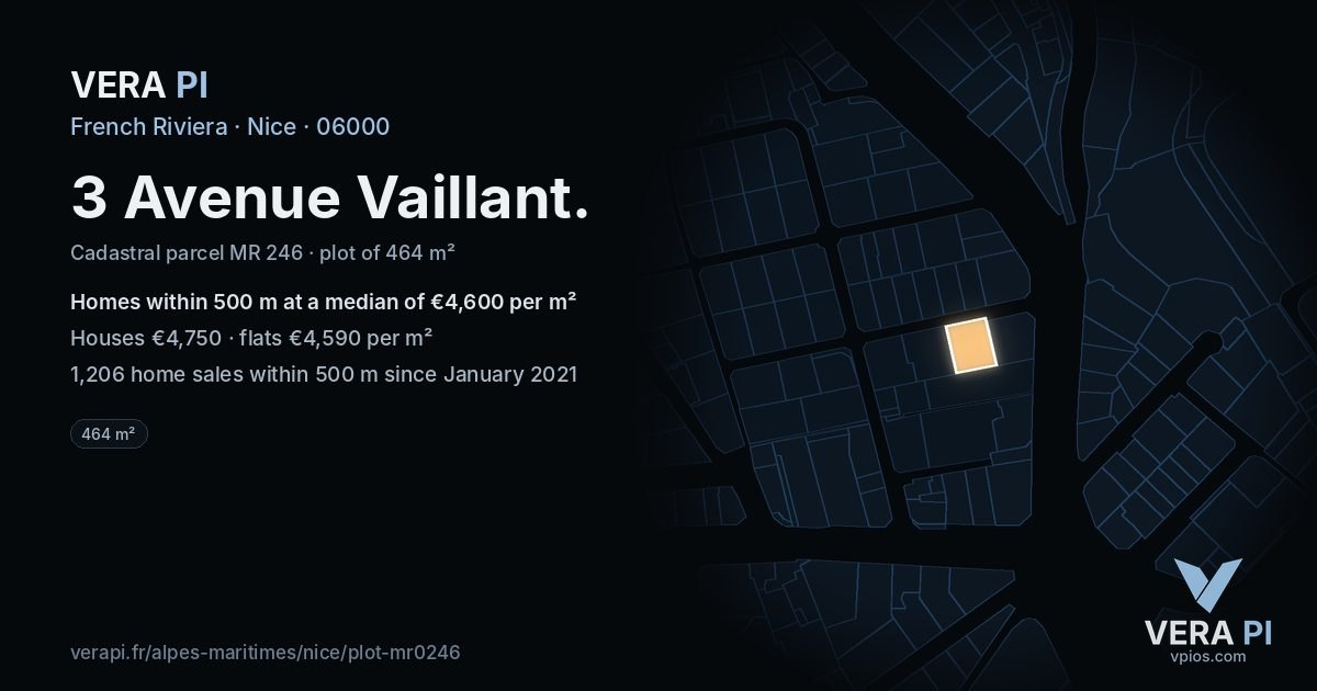 3 Avenue Vaillant, Nice at night – the plot lit, the parcels around coloured by the prices near them