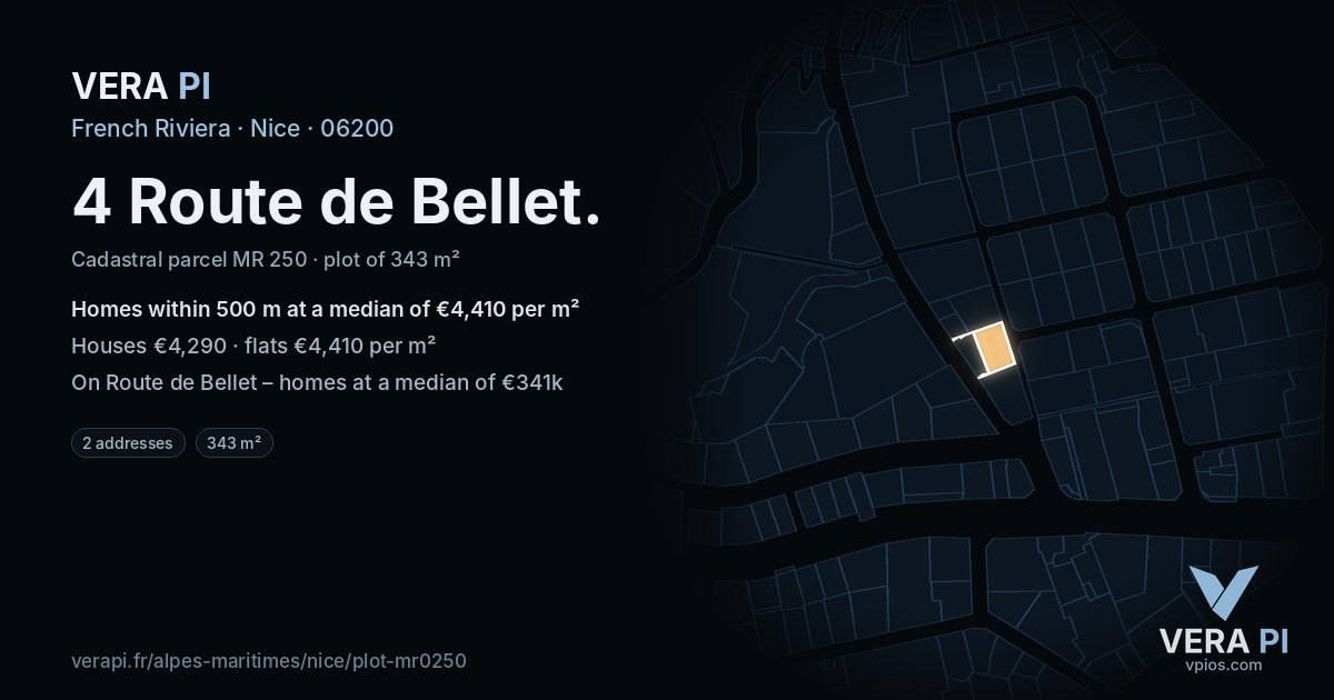 4 Route de Bellet, Nice at night – the plot lit, the parcels around coloured by the prices near them