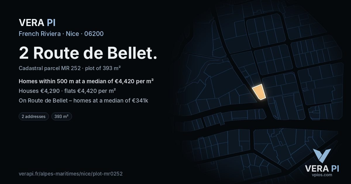 2 Route de Bellet, Nice at night – the plot lit, the parcels around coloured by the prices near them