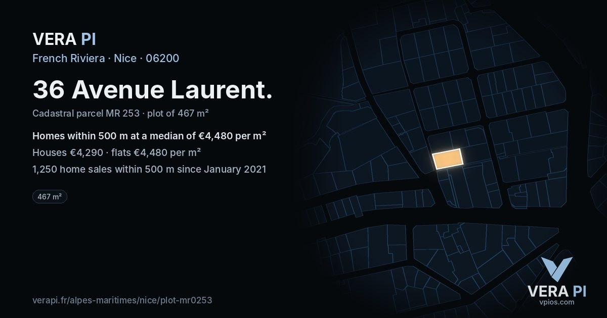36 Avenue Laurent, Nice at night – the plot lit, the parcels around coloured by the prices near them