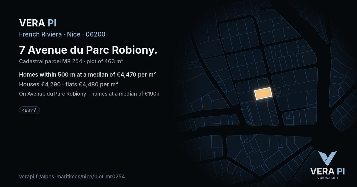 7 Avenue du Parc Robiony, Nice at night – the plot lit, the parcels around coloured by the prices near them