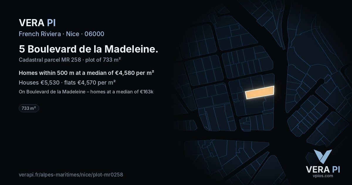 5 Boulevard de la Madeleine, Nice at night – the plot lit, the parcels around coloured by the prices near them