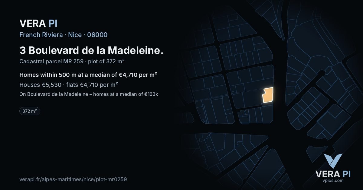 3 Boulevard de la Madeleine, Nice at night – the plot lit, the parcels around coloured by the prices near them