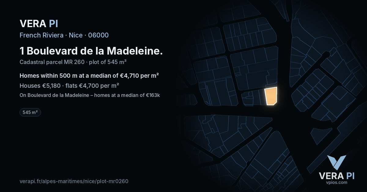 1 Boulevard de la Madeleine, Nice at night – the plot lit, the parcels around coloured by the prices near them