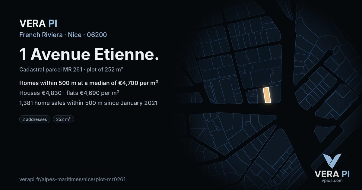1 Avenue Etienne, Nice at night – the plot lit, the parcels around coloured by the prices near them