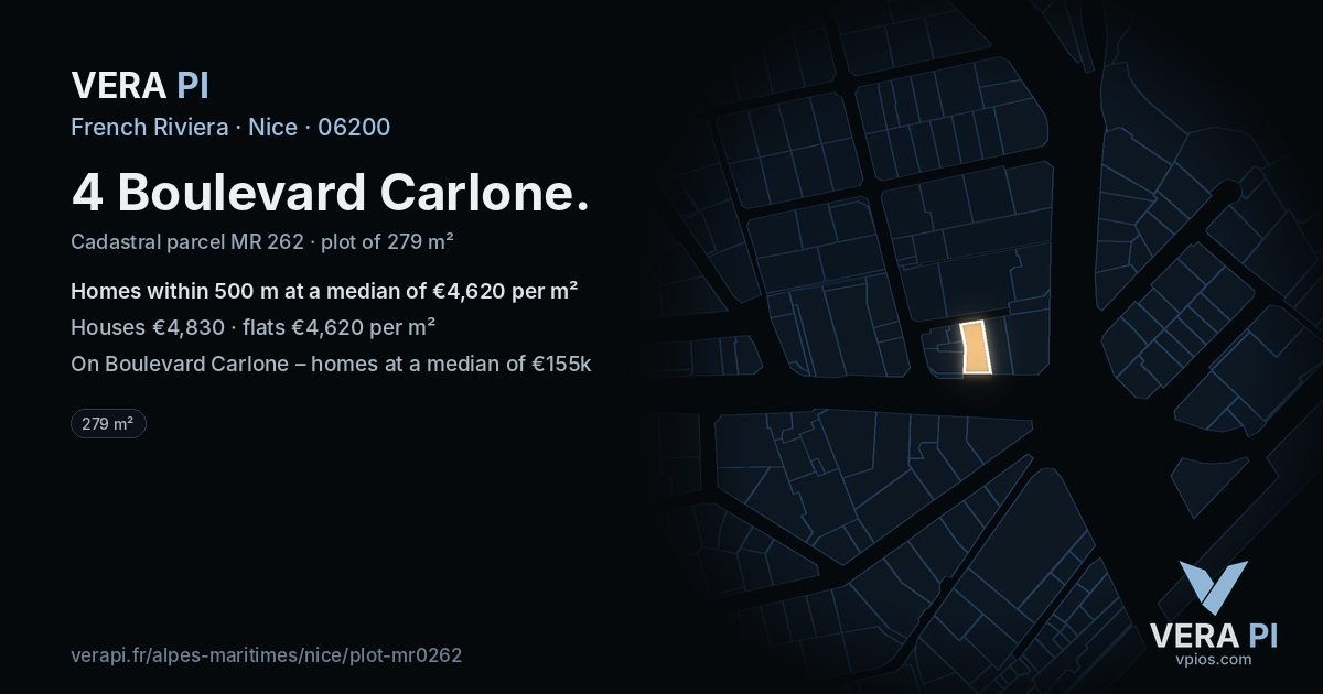 4 Boulevard Carlone, Nice at night – the plot lit, the parcels around coloured by the prices near them