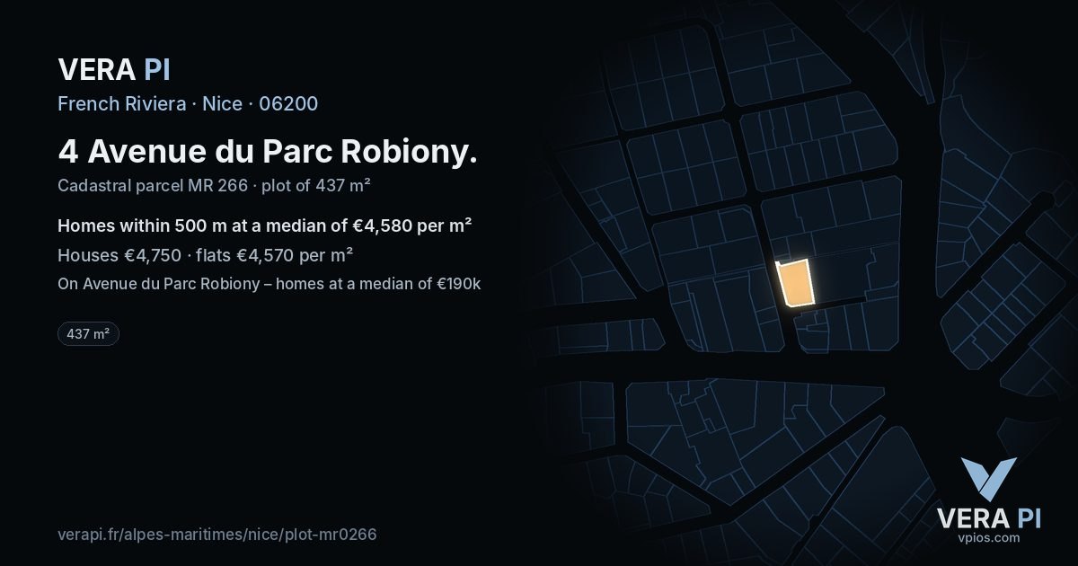 4 Avenue du Parc Robiony, Nice at night – the plot lit, the parcels around coloured by the prices near them