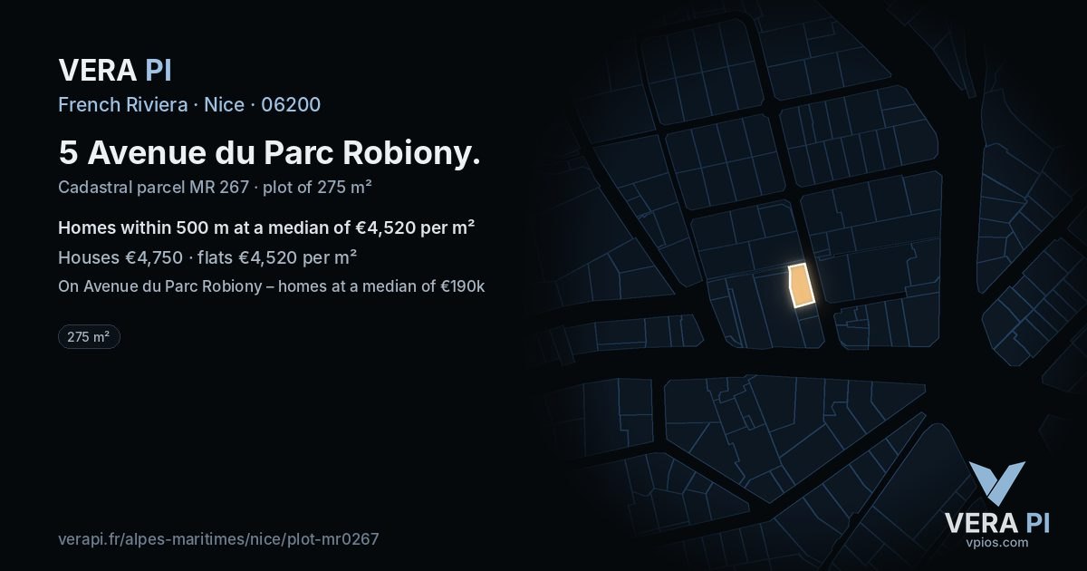 5 Avenue du Parc Robiony, Nice at night – the plot lit, the parcels around coloured by the prices near them