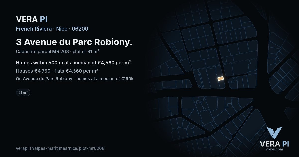 3 Avenue du Parc Robiony, Nice at night – the plot lit, the parcels around coloured by the prices near them