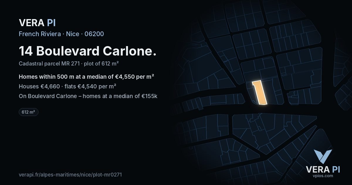 14 Boulevard Carlone, Nice at night – the plot lit, the parcels around coloured by the prices near them