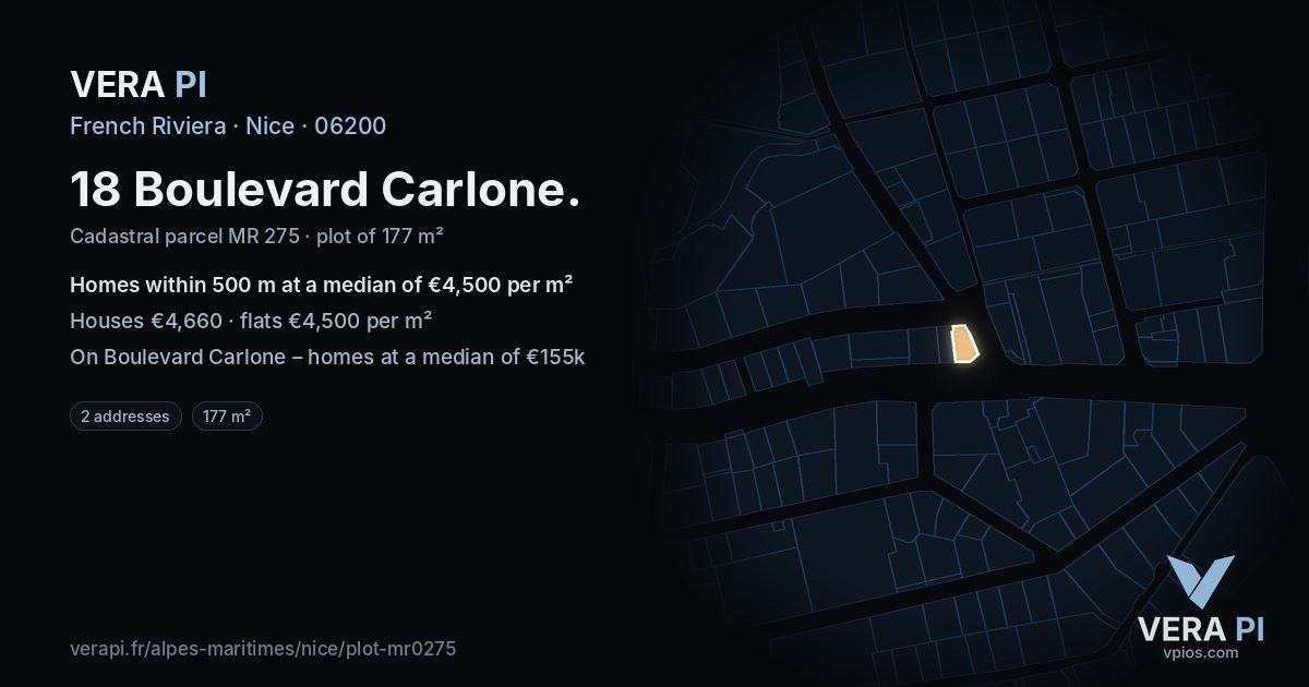 18 Boulevard Carlone, Nice at night – the plot lit, the parcels around coloured by the prices near them