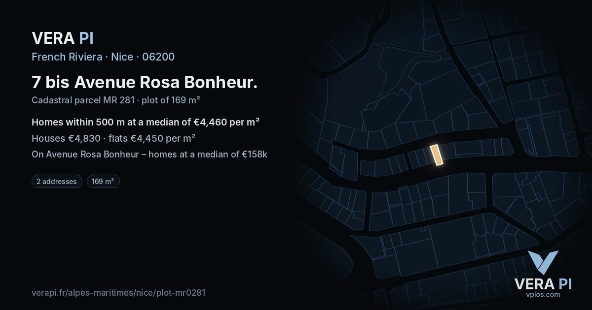 7 bis Avenue Rosa Bonheur, Nice at night – the plot lit, the parcels around coloured by the prices near them