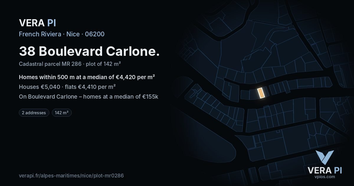 38 Boulevard Carlone, Nice at night – the plot lit, the parcels around coloured by the prices near them