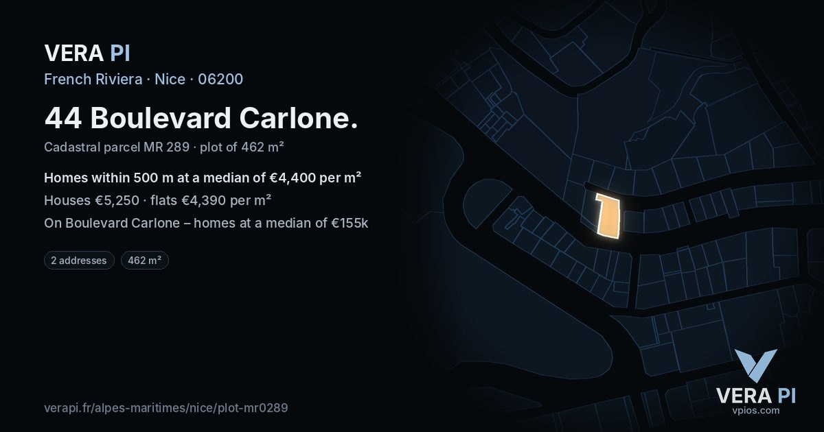 44 Boulevard Carlone, Nice at night – the plot lit, the parcels around coloured by the prices near them