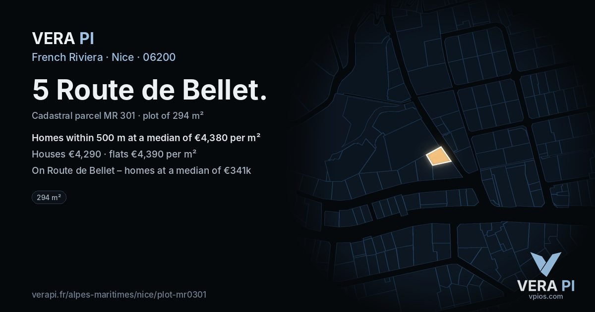 5 Route de Bellet, Nice at night – the plot lit, the parcels around coloured by the prices near them