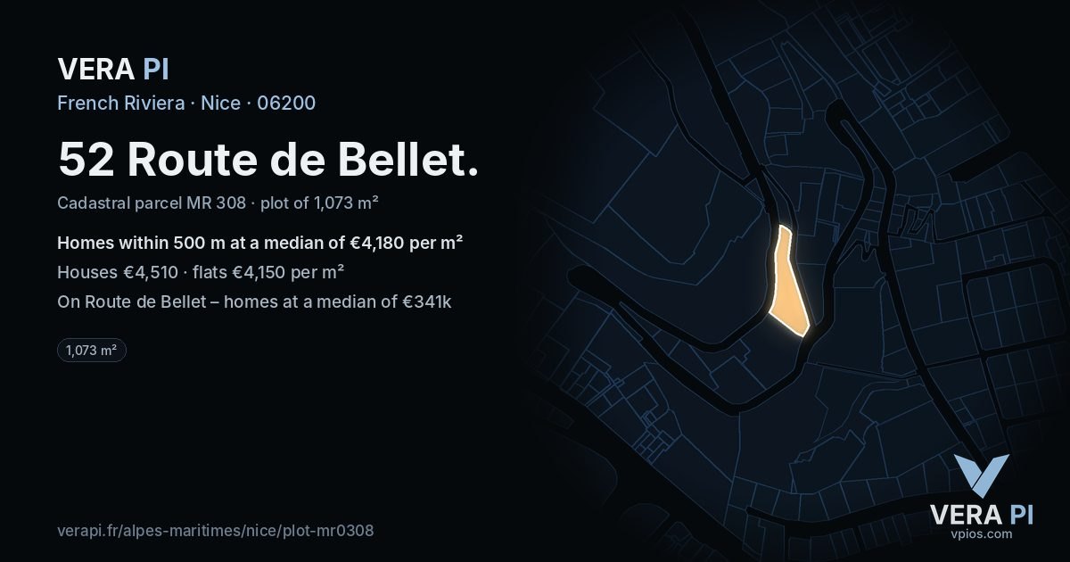 52 Route de Bellet, Nice at night – the plot lit, the parcels around coloured by the prices near them