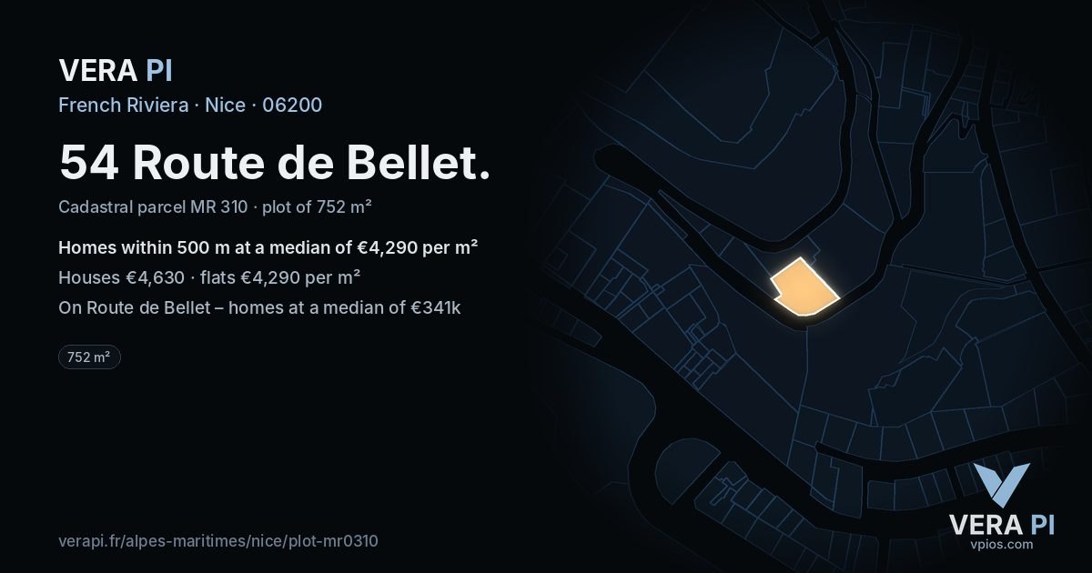 54 Route de Bellet, Nice at night – the plot lit, the parcels around coloured by the prices near them