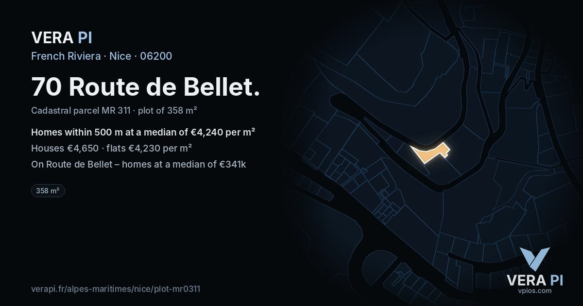 70 Route de Bellet, Nice at night – the plot lit, the parcels around coloured by the prices near them