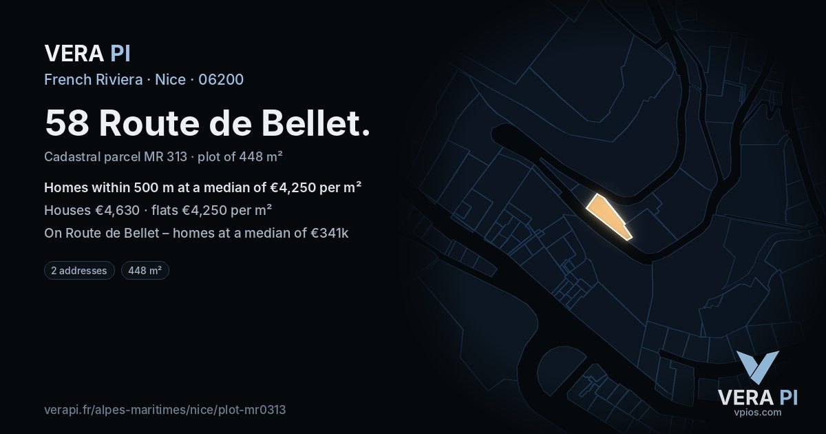 58 Route de Bellet, Nice at night – the plot lit, the parcels around coloured by the prices near them