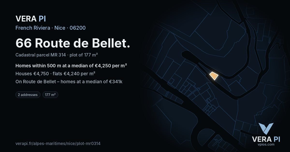 66 Route de Bellet, Nice at night – the plot lit, the parcels around coloured by the prices near them