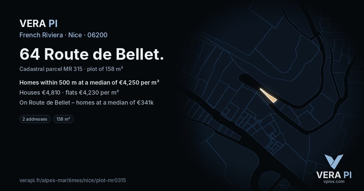 64 Route de Bellet, Nice at night – the plot lit, the parcels around coloured by the prices near them