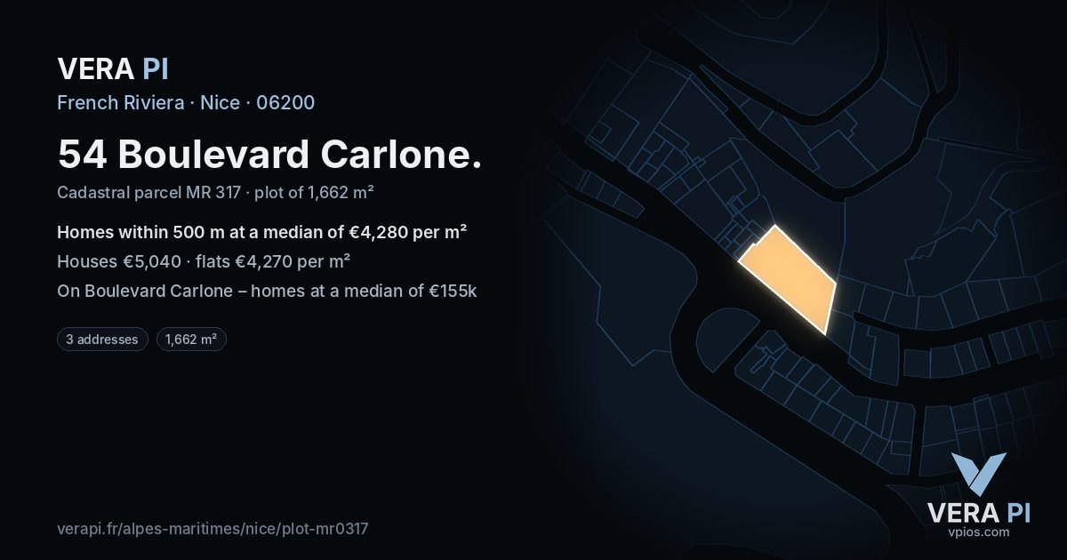 54 Boulevard Carlone, Nice at night – the plot lit, the parcels around coloured by the prices near them