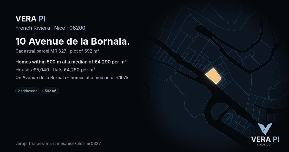 10 Avenue de la Bornala, Nice at night – the plot lit, the parcels around coloured by the prices near them