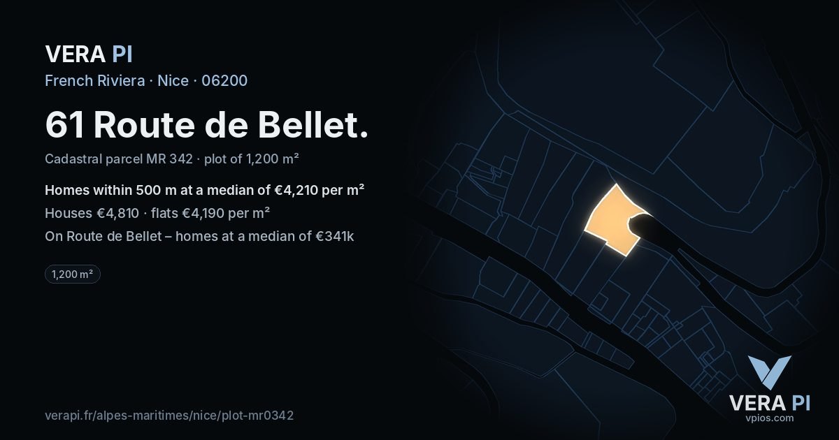 61 Route de Bellet, Nice at night – the plot lit, the parcels around coloured by the prices near them