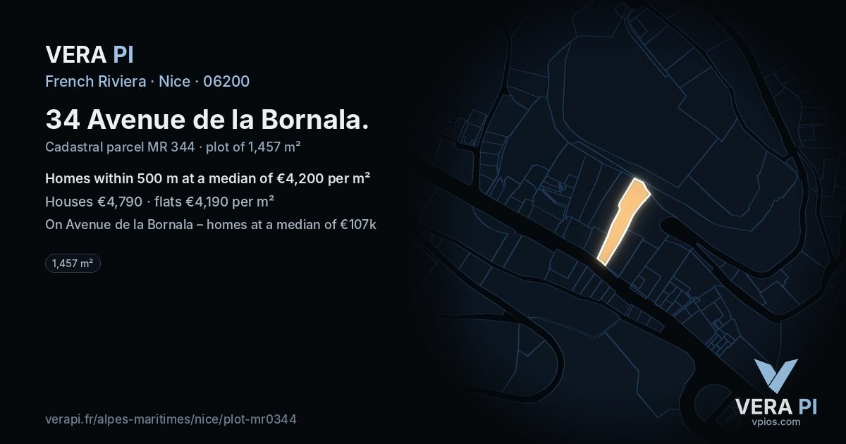 34 Avenue de la Bornala, Nice at night – the plot lit, the parcels around coloured by the prices near them