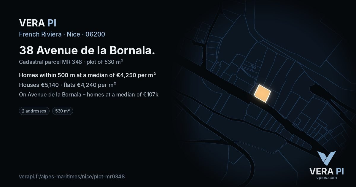 38 Avenue de la Bornala, Nice at night – the plot lit, the parcels around coloured by the prices near them