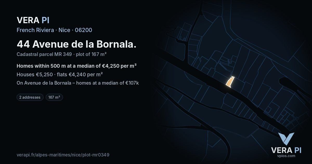 44 Avenue de la Bornala, Nice at night – the plot lit, the parcels around coloured by the prices near them