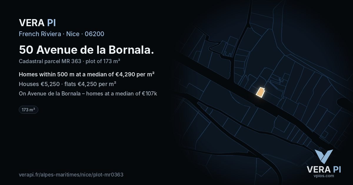 50 Avenue de la Bornala, Nice at night – the plot lit, the parcels around coloured by the prices near them