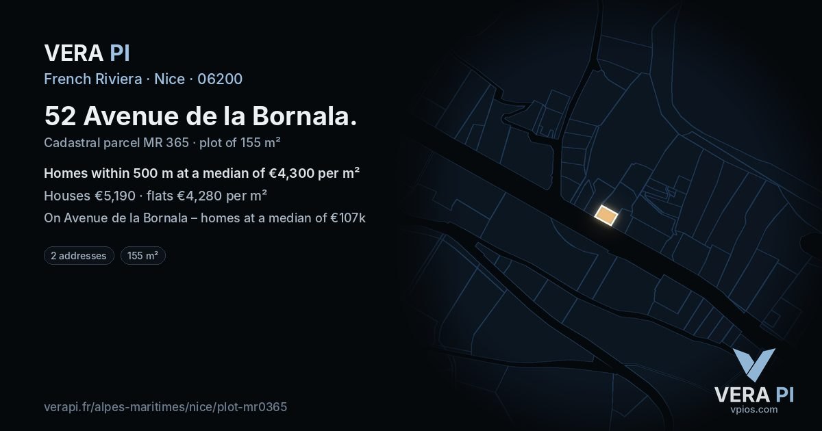 52 Avenue de la Bornala, Nice at night – the plot lit, the parcels around coloured by the prices near them