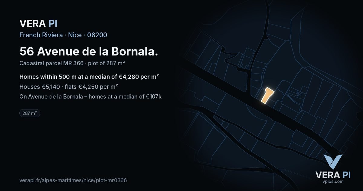 56 Avenue de la Bornala, Nice at night – the plot lit, the parcels around coloured by the prices near them