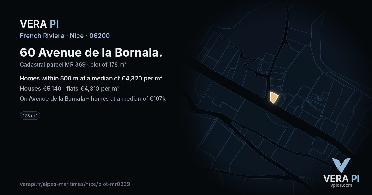 60 Avenue de la Bornala, Nice at night – the plot lit, the parcels around coloured by the prices near them