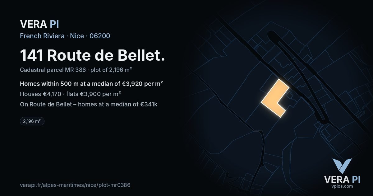 141 Route de Bellet, Nice at night – the plot lit, the parcels around coloured by the prices near them