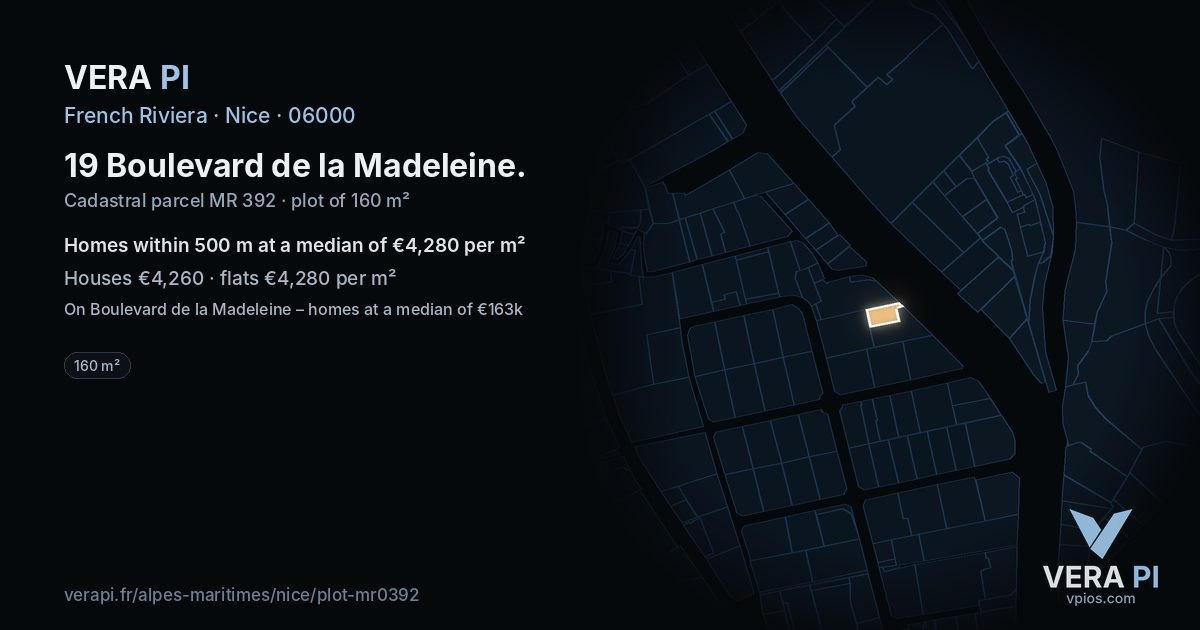 19 Boulevard de la Madeleine, Nice at night – the plot lit, the parcels around coloured by the prices near them