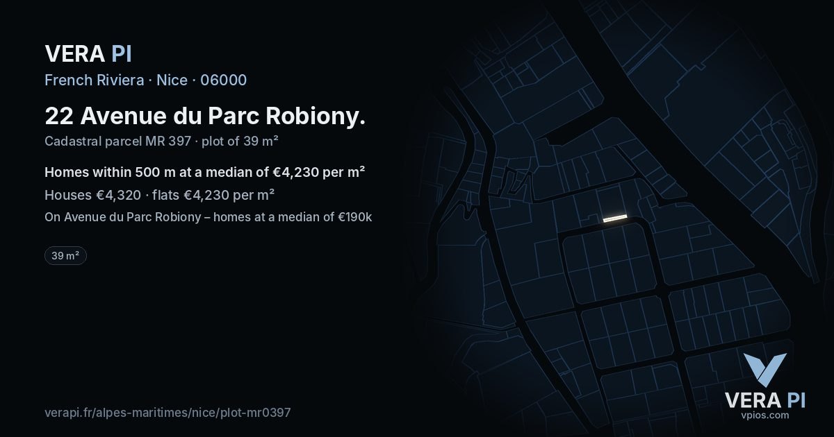 22 Avenue du Parc Robiony, Nice at night – the plot lit, the parcels around coloured by the prices near them