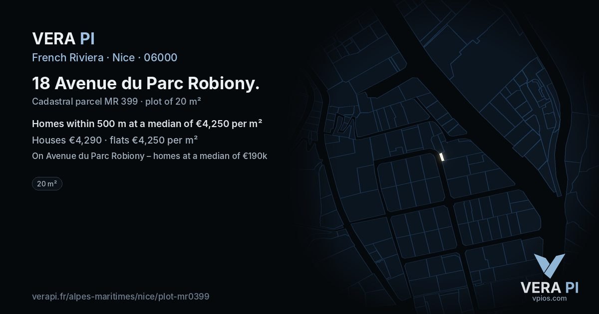 18 Avenue du Parc Robiony, Nice at night – the plot lit, the parcels around coloured by the prices near them