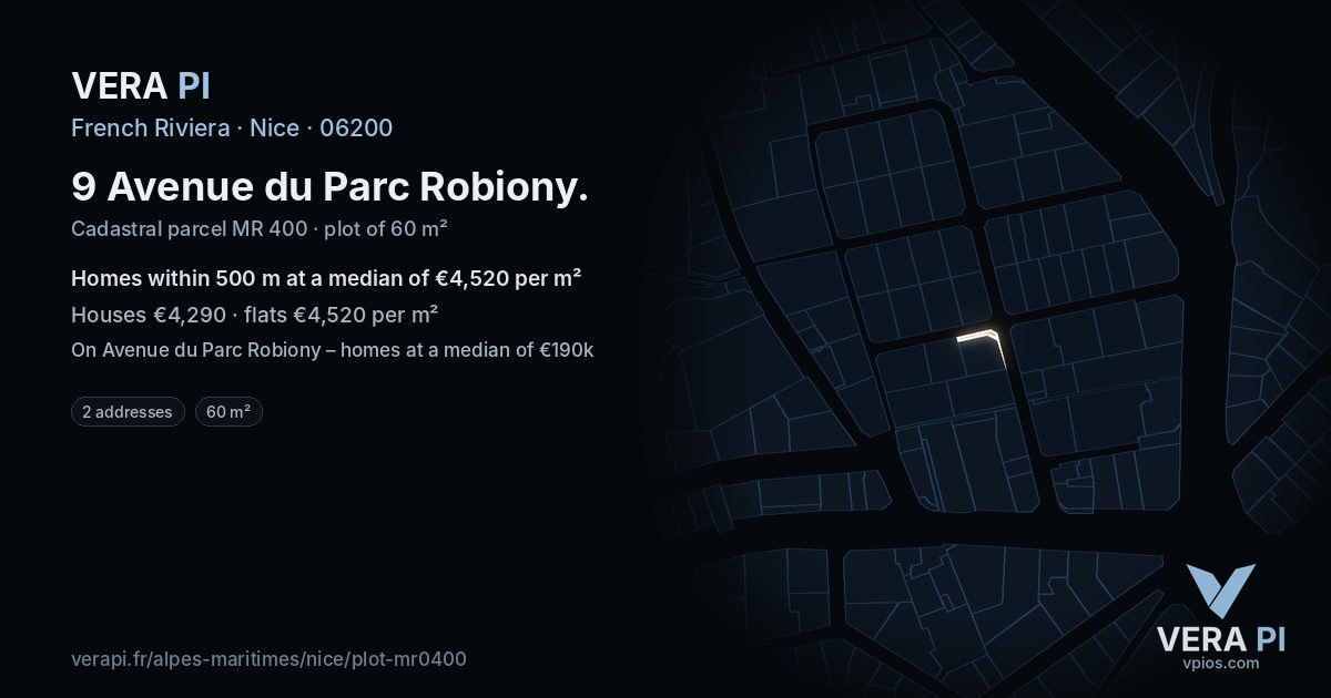 9 Avenue du Parc Robiony, Nice at night – the plot lit, the parcels around coloured by the prices near them