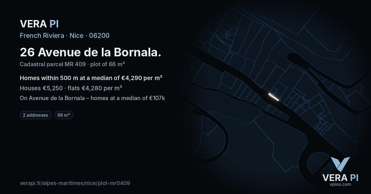 26 Avenue de la Bornala, Nice at night – the plot lit, the parcels around coloured by the prices near them