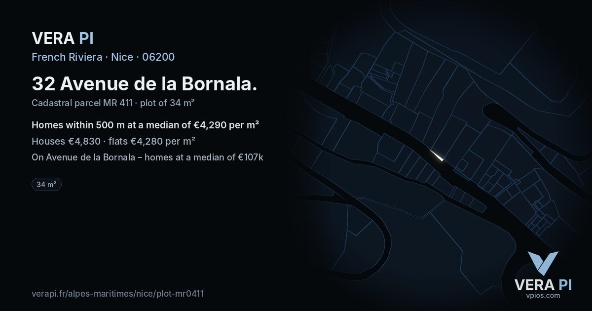 32 Avenue de la Bornala, Nice at night – the plot lit, the parcels around coloured by the prices near them
